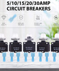 DC Push Button Reset Circuit Breaker Kit 30 Piece Assortment With Waterproof Button Caps And Quick Connect Terminals, 5A 10A 15A 20A 30A Overload Protectors For Auto And Marine Use, Image Showing 5/10/15/20/30AMP Breakers