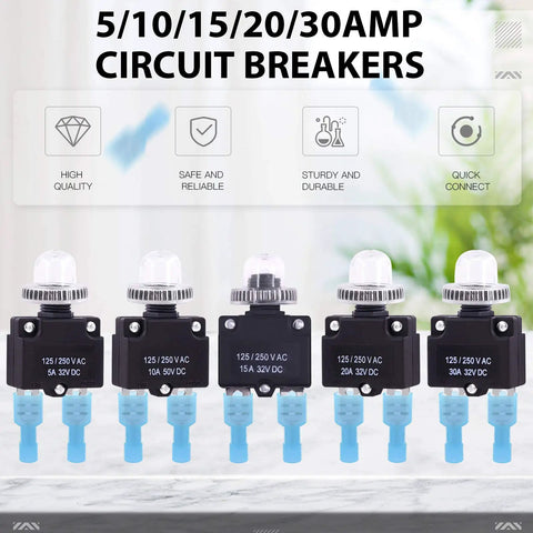 DC Push Button Reset Circuit Breaker Kit 30 Piece Assortment With Waterproof Button Caps And Quick Connect Terminals, 5A 10A 15A 20A 30A Overload Protectors For Auto And Marine Use, Image Showing 5/10/15/20/30AMP Breakers
