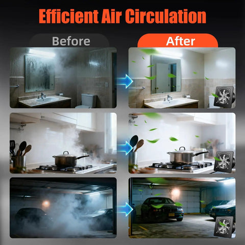 Visual comparison of airflow efficiency before and after using the Beefy 8 Inch Wall Mount Exhaust Fan With Speed Controller Delivers 700 CFM At Up To 2600 RPM For Kitchen Bathroom Garage Attic Basement Workshop And Smoke Room Includes Damper And Durable Metal Ventilation in various rooms.