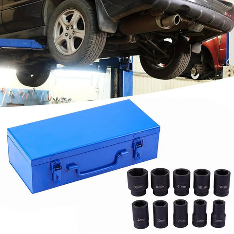Huge 10 Piece Deep Impact Socket Set With 1 Inch Drive And Steel Construction Perfect For Gnarly Automotive Jobs Or Heavy Industrial Fixes Comes With Neat Blue Storage Box To Keep Tools Snug, blue case and 22-50mm sockets
