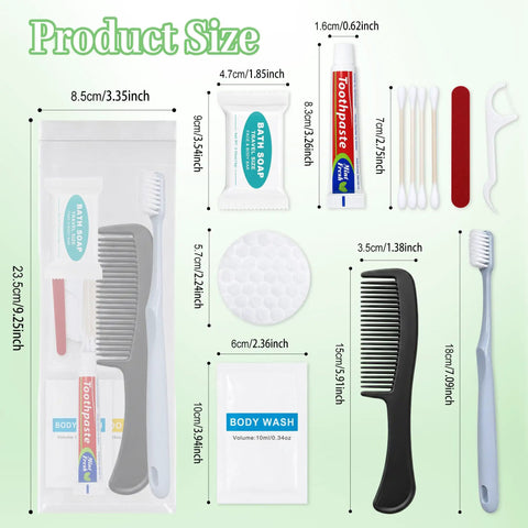 Bulk 100 Pack Travel Hygiene Kits With Disposable Toothbrushes Mini Toothpaste Individually Wrapped Combs Travel Size Shampoo And Body Wash A 15g Bar Of Soap For Hotels Camping And Home Use, showing product size and components.