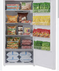 Inside view of 17 Cubic Foot Convertible Upright Freezer Garage Ready with organized food items and ice packs