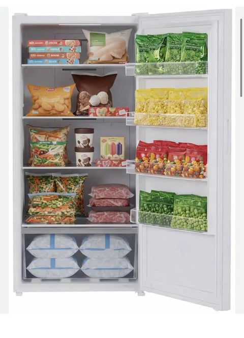 Inside view of 17 Cubic Foot Convertible Upright Freezer Garage Ready with organized food items and ice packs