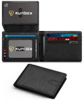Grab This Slick Slim Bifold Wallet For Men Premium Leather Rfid Blocking Card Holder With Dual Id Windows And Easy Grip Slots Ultra Thin Back Pocket Friendly Everyday Carry Essentials Gift Box Included, open view showing card slots.
