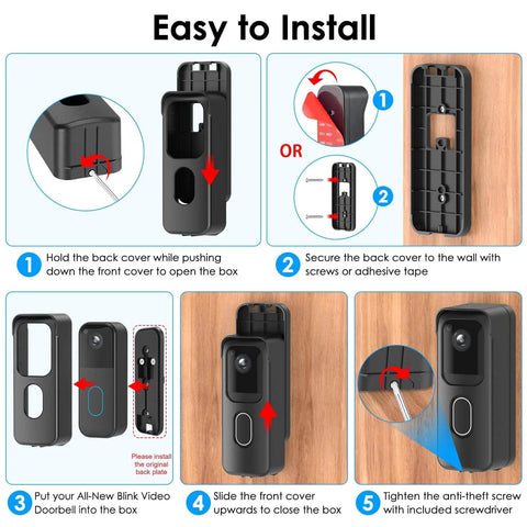 Installation guide for No Drill Doorbell Camera Mount For Blink Video Doorbell Second Generation with adhesive tape and screws.
