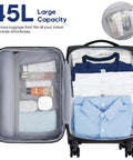 Open view of Softside Expandable Carry On Luggage 22 Inch By 14 Inch By 9 Inch Airline Approved with clothes and toiletries inside.