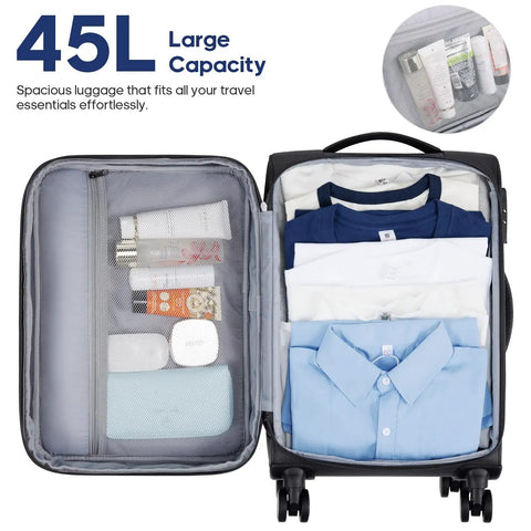 Open view of Softside Expandable Carry On Luggage 22 Inch By 14 Inch By 9 Inch Airline Approved with clothes and toiletries inside.
