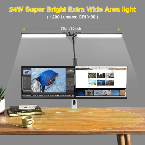 Two In One LED Desk Lamp with Dual Heads illuminating dual monitors on a wooden desk, 24W Eye Care Workbench Light