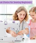 No Fuss Pocket Rocket Mini Sewing Machine With Foot Pedal And Night Light Boasts Twelve Built In Stitches For Diy Crafting And Quick Fixes lightweight design with user assisting a child.