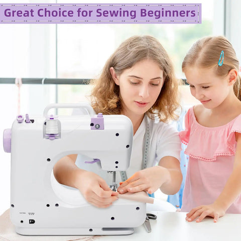 No Fuss Pocket Rocket Mini Sewing Machine With Foot Pedal And Night Light Boasts Twelve Built In Stitches For Diy Crafting And Quick Fixes lightweight design with user assisting a child.