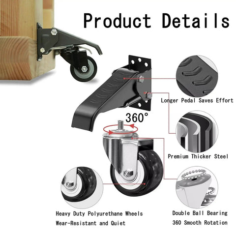Heavy Duty Workbench Casters showing side mounted retractable wheels with 360 swivel, made of stainless steel and durable materials.