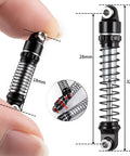 Close-up of Beefy Aluminum 28mm RC Car Shocks for Axial SCX30 showing dimensions and detailed spring in black.