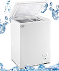 Compact Deep Chest Freezer Featuring 3.5 Cu Ft Capacity And Durable Storage Baskets White with open lid and ice effect.