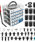 Universal Car Door Trim Panel Clips Kit with 1101 Pieces, 32 Popular Sizes, and 1 Fastener Remover displayed with case and components.