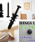 Collage showing Fifty Pieces Size 8 Self Drilling Drywall Anchors And Screws Kit For Wall Mounting, includes images of anchors, screws, and a mounted shelf.