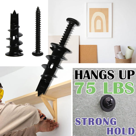 Collage showing Fifty Pieces Size 8 Self Drilling Drywall Anchors And Screws Kit For Wall Mounting, includes images of anchors, screws, and a mounted shelf.