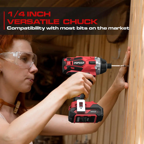 Person using 20V Max Lithium Ion Impact Driver With One Quarter Inch Quick Connect Chuck on wooden surface
