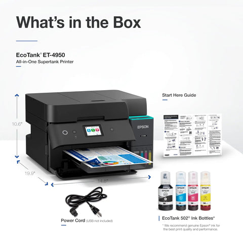 EcoTank ET-4950 Wireless All-In-One Printer With Refillable Ink Tanks, USB cable, ink bottles, user guide, home office printer
