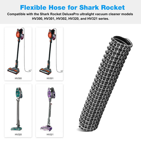 Flexible hose for Shark Rocket vacuum models HV300, HV301, HV302, HV320, HV321 shown with four upright vacuums.
