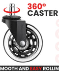 Heavy Duty Office Chair Wheels Pack Of 5 Black 7 Sixteenths By 7 Eighths Inch Smooth Silent Rolling For Hard Floors And Carpets Scratch Free Replacement For Long Lasting Use showing wheel with 360-degree rotation and smooth rolling feature.