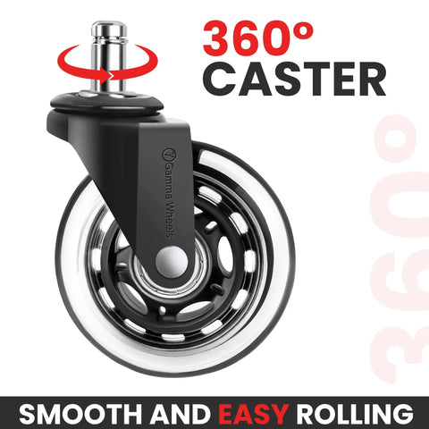 Heavy Duty Office Chair Wheels Pack Of 5 Black 7 Sixteenths By 7 Eighths Inch Smooth Silent Rolling For Hard Floors And Carpets Scratch Free Replacement For Long Lasting Use showing wheel with 360-degree rotation and smooth rolling feature.