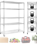 Beefy 5 Tier Wire Shelving Unit With Brake Wheels And Waterproof Colorful Shelf Liners Heavy Duty Storage Rack displayed with items