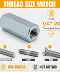 1/4-20 Hex Coupling Nut Set, Zinc-Plated Carbon Steel Rod Coupler shown with compatible threaded rod, stud, bolt diagram