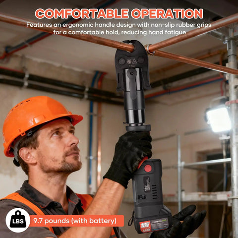 Straight Up Knockout Cordless Pro Press Copper Crimper Tool featuring brushless motor, ergonomic handle, and 18V battery for plumbing use.