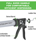 Heavy Duty 20 Oz Sausage Caulking Gun With 18 To 1 Drive Pro Grade Aluminum Barrel 2 Inch High Thrust 700 Lbf and 230 Psi with swivel barrel and ladder hook.