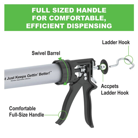 Heavy Duty 20 Oz Sausage Caulking Gun With 18 To 1 Drive Pro Grade Aluminum Barrel 2 Inch High Thrust 700 Lbf and 230 Psi with swivel barrel and ladder hook.
