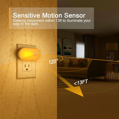 Amber 1800K Plug In Motion Sensor Night Light illuminating a room, showing 13ft detection range and 120-degree angle.