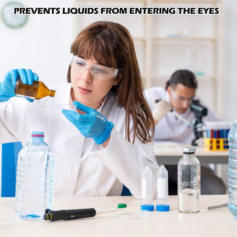 Rock Solid Bulk Safety Glasses Clear Protective Eyewear For Job Sites And Labs Work Ready Lightweight Crew Packs worn by a woman in a lab.
