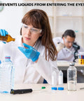 Badass Bulk Safety Glasses In A Massive 150 Pack Featuring Clear And Gray Lenses For Construction Lab Or Work Projects Lightweight Protective Eyewear worn by a woman in a lab.