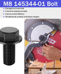 Miter Saw Arbor Bolt Replacement 8mm M8 14534401 for Dewalt miter saws, shown with a red blade in use, fits 1710 3660 3680 series.