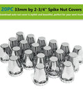 Truckers Favorite Flat Top Lug Nut Covers 20 Pack Chrome ABS Plastic Thread On 33mm To Two Point Seven Five Inch Anti Rust Screw On Nut Covers For Semi Trucks Heavy Duty Haulers Weatherproof Durable Chrome Finish, displayed in a 20-pack set.