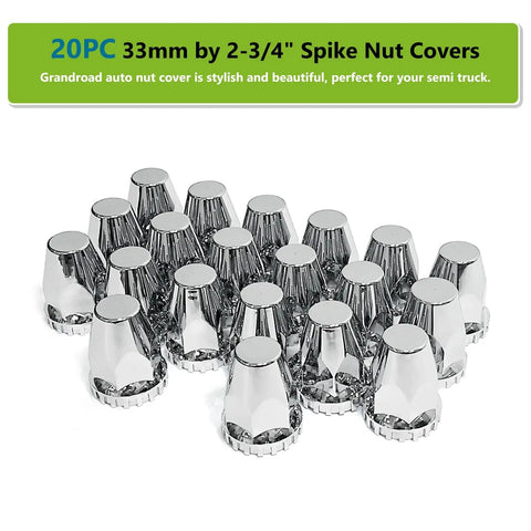 Truckers Favorite Flat Top Lug Nut Covers 20 Pack Chrome ABS Plastic Thread On 33mm To Two Point Seven Five Inch Anti Rust Screw On Nut Covers For Semi Trucks Heavy Duty Haulers Weatherproof Durable Chrome Finish, displayed in a 20-pack set.