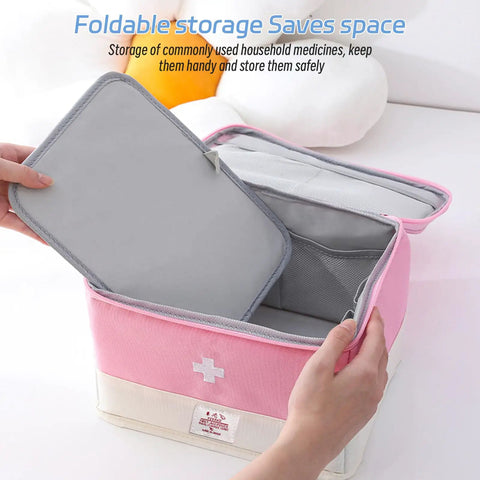 Open Grab And Go Travel Medicine Bag Organizer For First Aid Kits Empty Medical Bag For Home Travel Camping Car Hiking And Outdoor Emergencies Spacious 10.6 By 7.9 By 7.5 Inch Pink Gear Case showing compartments