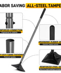 Heavy Duty Rustproof Steel Tamper With 48 Inch Handle For Ground Leveling And Paver Installations 8X8 Inch Steel Head Rubber Grip Handle Perfect For Gravel Soil Asphalt Sand And Blacktop Repair with features highlighted