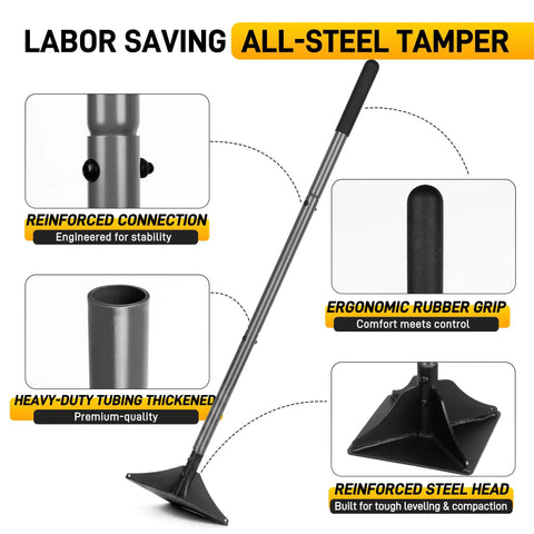 Heavy Duty Rustproof Steel Tamper With 48 Inch Handle For Ground Leveling And Paver Installations 8X8 Inch Steel Head Rubber Grip Handle Perfect For Gravel Soil Asphalt Sand And Blacktop Repair with features highlighted