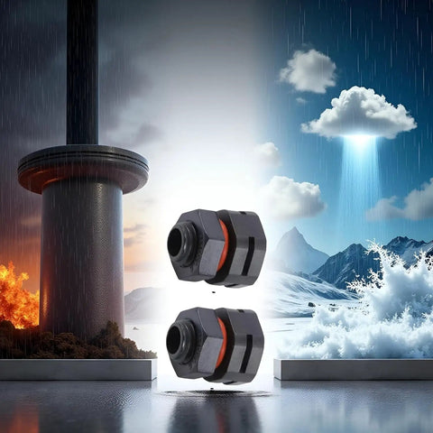 Two Pack IP68 Industrial Breather Vent With Dual M12x1.5 Pressure Equalization Valves in industrial weather background
