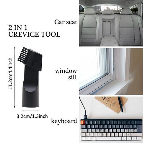 Universal Vacuum Attachment Kit 1 1/4 Inch And 1 3/8 Inch With 8 Piece Brush Set And Adapters For 32mm To 35mm Vac Ports Fits Eureka, Dirt Devil, Electrolux, Kenmore, Oreck And More Great For Tight Spaces showing crevice tool with usage examples on car seat, window sill, and keyboard