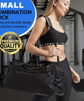 Person holding black duffel bag with 4 Digit Combination Padlock For Locker And Luggage Set Of 4 Heavy Duty Mini Lock in gym.