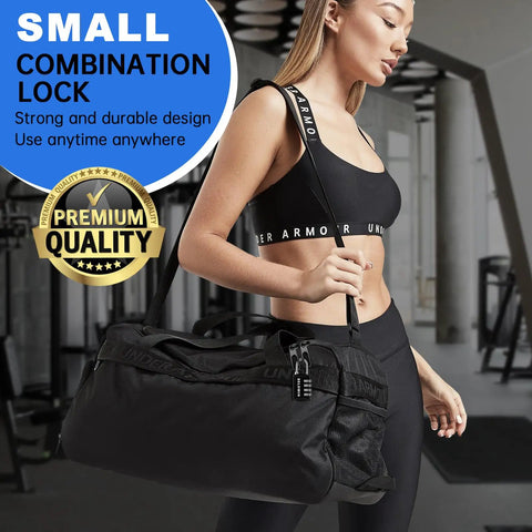 Person holding black duffel bag with 4 Digit Combination Padlock For Locker And Luggage Set Of 4 Heavy Duty Mini Lock in gym.