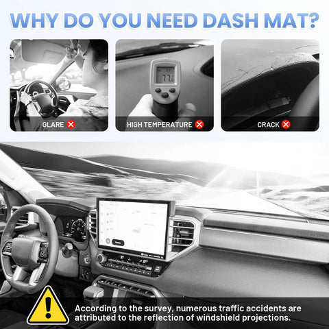Dashboard showing effects of glare, high temperature, and cracking without Dash Cover For Toyota Tundra 2022 2023 2024 2025 2026 With Nonslip Mesh Sunshade Dashboard Protector No Glare UV Shield Easy Fit Interior Pro Style Upgrade.