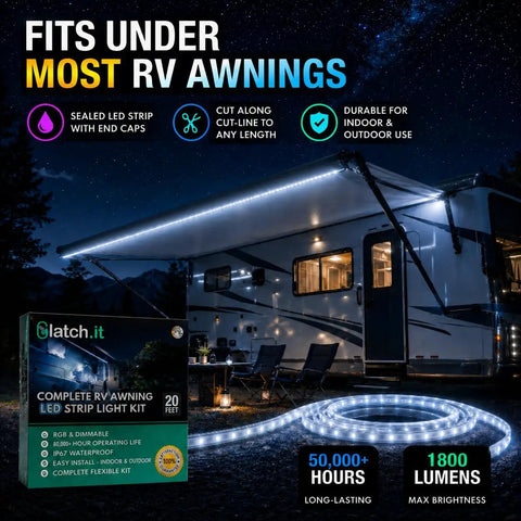 12V RV Awning Lights DIY Kit With 20 Foot RGB LED Strip, V2.1 Upgrade, illuminated RV setup at night