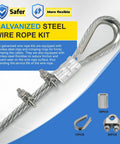 Heavy Duty Three Sixteenth Inch Galvanized Steel Wire Rope Kit, 150 Feet, 7x7 Construction With Stainless Clamp, Thimbles
