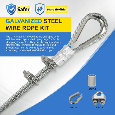 Heavy Duty Three Sixteenth Inch Galvanized Steel Wire Rope Kit, 150 Feet, 7x7 Construction With Stainless Clamp, Thimbles