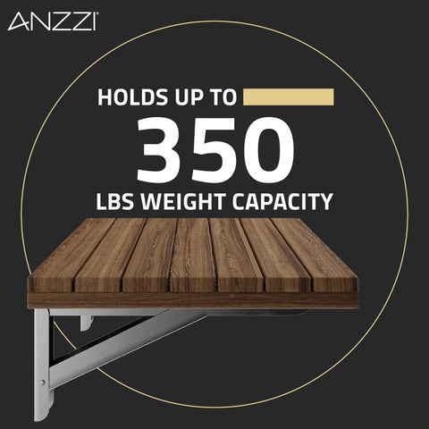 Wall Mount Foldable Teak Shower Bench 17 By 12.6 Inch Teakwood Bath Seat with RHINO ALLOY frame shown with 350 lbs weight capacity