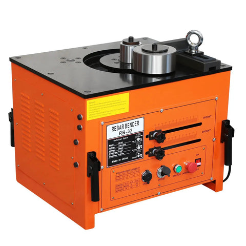 Heavy Duty Electric Rebar Bender With A Beastly 3000W Motor, orange unit with control panel and steel bending rollers.