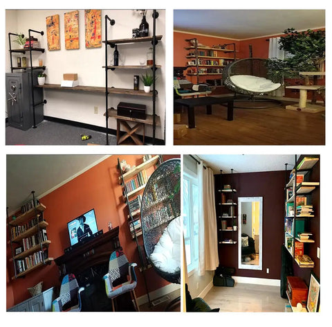 Industrial Pipe Shelf System With Five Tier 68 Inch Tall Wall Mount Shelves showcasing various room settings